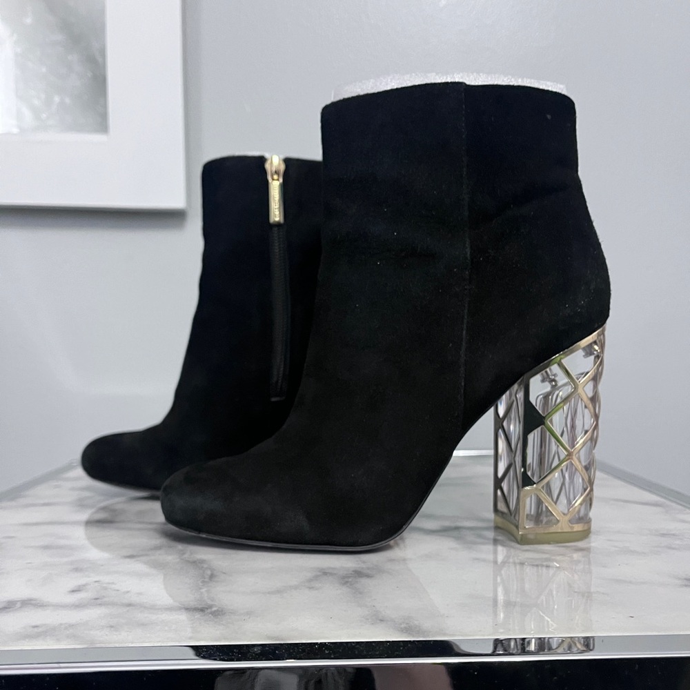 Karl Lagerfeld Shawna Black Suede Bootie With Clear Lucite Heel and Gold Design - Picture 2 of 7